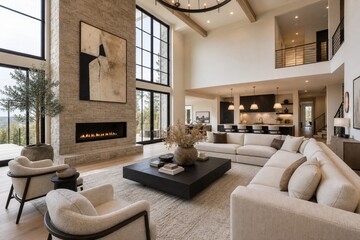 Obraz premium Modern luxury living room interior design featuring a large stone fireplace, high ceilings, comfortable sectional sofa, and elegant contemporary decor