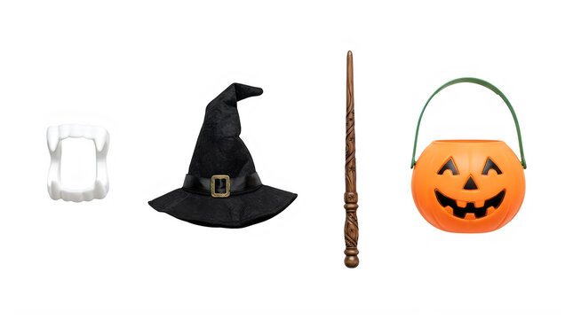 A collection of isolated Halloween items including vampire fangs a witch hat a magic wand and a plastic jack-o-lantern bucket Isolated on transparent background PNG