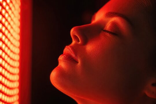 Young woman receiving red light therapy treatment on her face for skin rejuvenation, collagen production, and anti-aging care in a professional wellness spa salon
