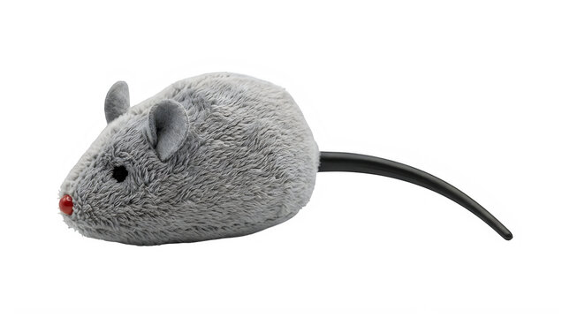 A plush gray toy mouse designed for pets featuring soft fabric fur and a long black smooth tail Isolated on transparent background PNG