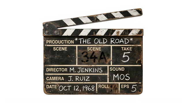 A weathered vintage film clapboard used for the production titled The Old Road with handwritten production details including scene number 34A take 5 and the date October 12 1968 Isolated on