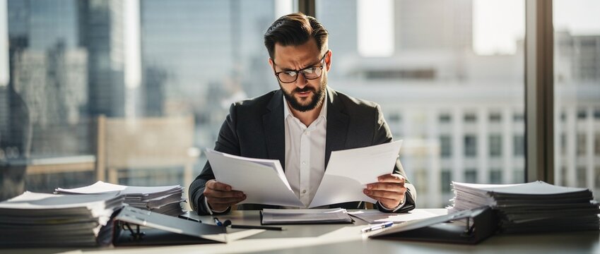 Focused businessman reviewing financial documents at desk in modern office with city view, analyzing reports and managing paperwork diligently