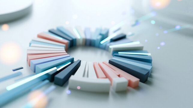 Bright abstract visualization of data flow in an elegant circle graph form with luminous segments on a light background modern technology 3d render information architecture