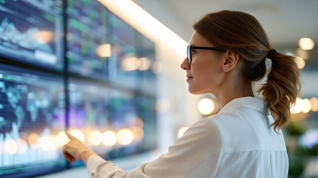 Bright rear view of a businesswoman in glasses standing near a large light display with data graphics faceless composition technology presentation corporate office analytics