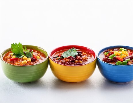 four colorful chili bowls with fresh herbs and vegetables on white background