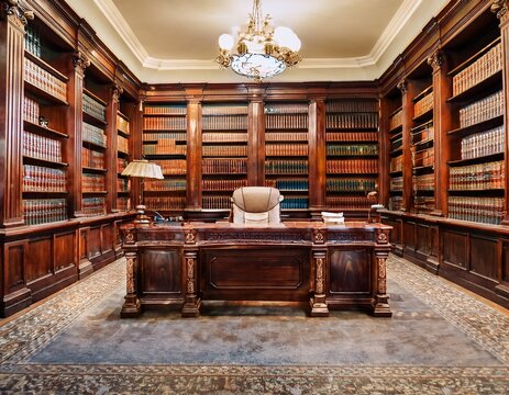 luxurious antique wooden executive desk sits centered in a private library office surrounded by tall bookshelves filled with books ideal for corporate branding