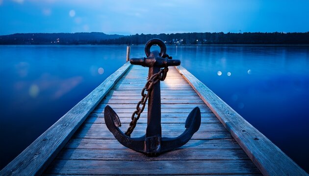 a heavy iron anchor on a wooden dock at dusk chain leading into dark blue water