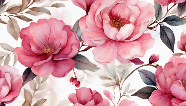 pink watercolor flowers seamless pattern white background