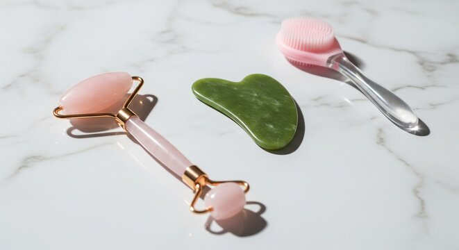 Facial massage tools on a white marble surface with harsh shadows.