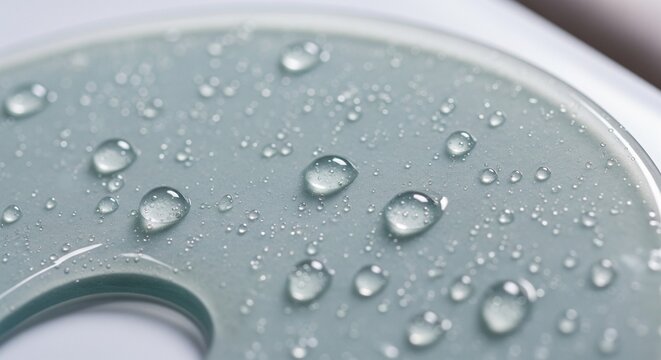 Close-up of clear water drops on a matte gray-blue surface.