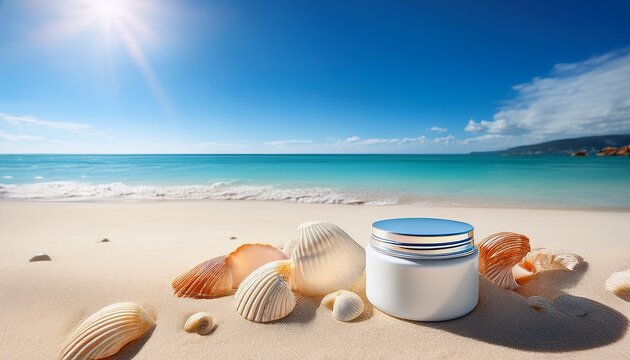 a serene beach scene with seashells and a jar of cream on white sand overlooking a turquoise ocean under a bright sunny sky