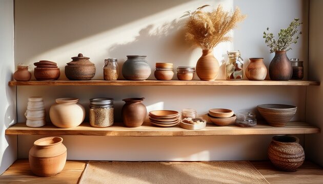 a stylish display of assorted pottery and jars on wooden shelves showcasing natural materials and a cozy aesthetic ideal for home decor artisanal goods or culinary business themes
