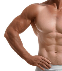 Obraz premium Young man with suntan lines left after wearing sleeveless shirt, closeup. White background
