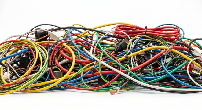 Tangled pile of colorful electrical wires and power cables with plugs and connectors representing a messy network connection or electronic waste