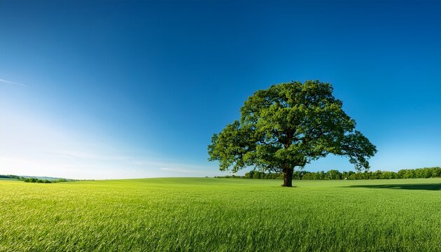 lush green field under a clear blue sky with a single majestic oak tree in the foreground creating a serene and balanced landscape great as a background or web banner