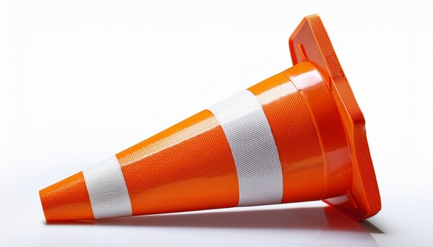 damaged orange traffic cone with white stripes isolated