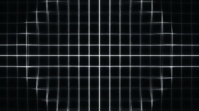 Abstract grid of glowing lines, distorted in the center, against a black background