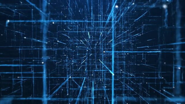 Abstract grid of interconnected blue lines forming a geometric structure