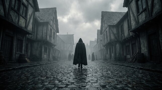 Mysterious hooded figure in dark cloak walks down a wet cobblestone street of an ancient medieval village under a gloomy overcast sky