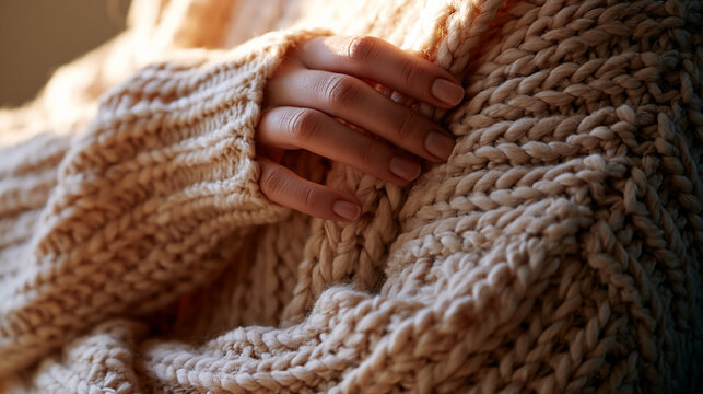 A close-up photograph shows a person gently holding a chunky cream cable-knit sweater, highlighting the thick wool texture and intricate handmade pattern.