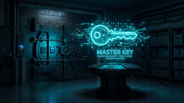 Digital key symbolizes access to secured data nodes in dark room with high-tech security vault. Setting emphasizes technology and security. Concept of cybersecurity, blockchain, technology firms