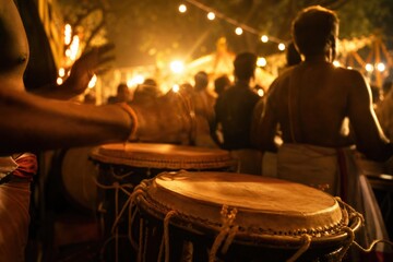 Fototapeta premium Traditional Indian percussionists playing chenda drums during a vibrant night festival celebration with warm glowing lights and a festive crowd