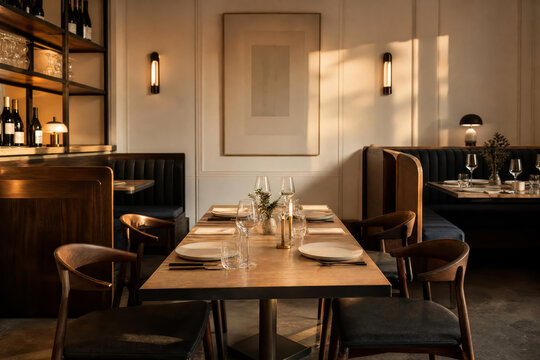 Gallery Wall Table With Layered Restaurant Depth And Contemporary Cafe Dining