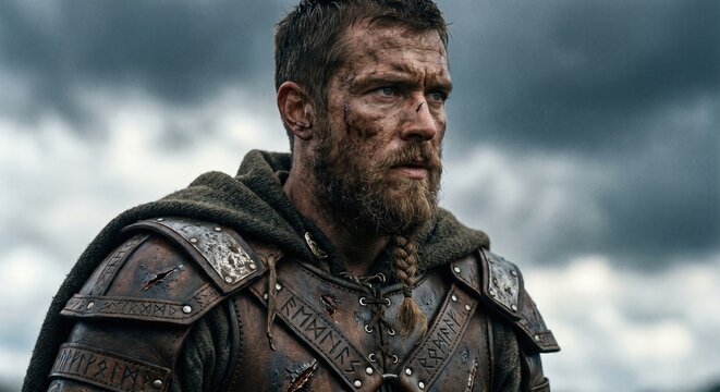 Viking warrior with a braided beard and leather armor stands resolutely under a stormy sky during a historical reenactment