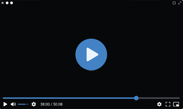 Minimalist video player interface mockup with blue play button and progress bar on black background