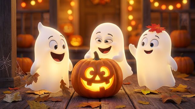 Cute cartoon ghosts with a jack-o-lantern. Funny spirits celebrating Halloween night.