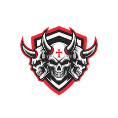 Fototapeta premium Skull with Horns Cross Symbol Red Shield Badge Dark Vector Illustration
