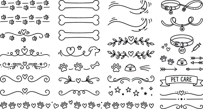 Cute Pet Care Dog and Cat Vector Element Set with Paw Prints, Bones, Wagging Tails, Collars, Hearts, and Hand Drawn Animal Border Dividers