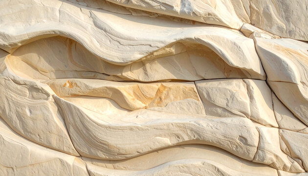 Close-up of eroded cream-colored sandstone rock formation with wavy sedimentary layers and smooth curves background.
