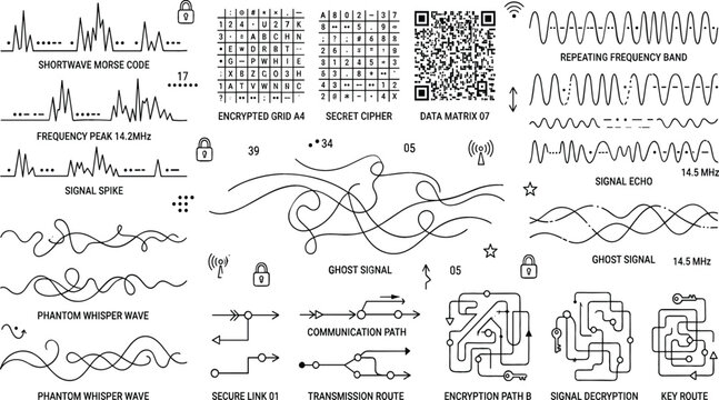 Data Encryption and Crypto Cypher Security Code Icon Set with Morse Code Waves, Signal Paths, Secret Grids, and Transmission Route Symbols