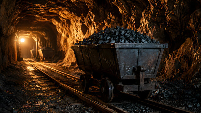 Coal mining cart inside underground mine tunnel