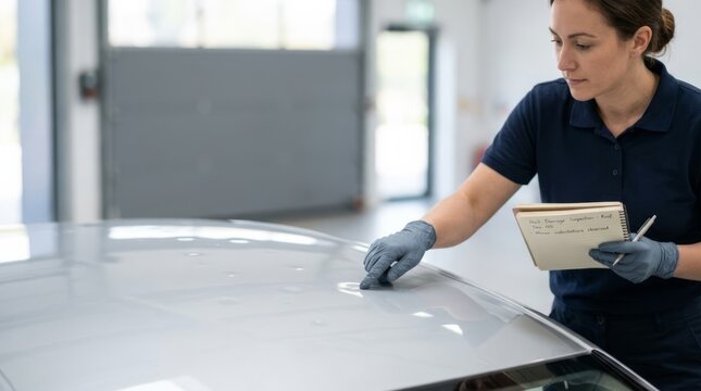 Insurance adjuster documents hail damage on car roof with gloved hand and notepad in workshop, close-up inspection for claims