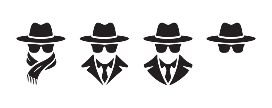 Mysterious man silhouette set gangster style hat scarf suit tie sunglasses.