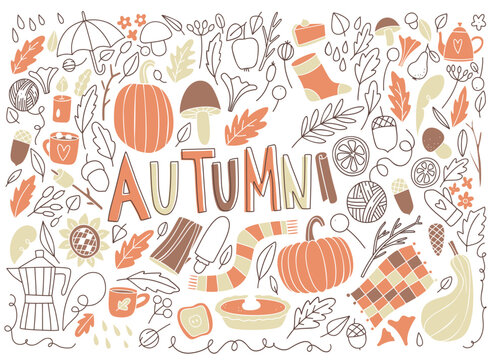 Hand drawn autumn doodle collection with pumpkins, leaves, mushrooms, cozy seasonal objects, autumn lettering and fall elements isolated on white background. Vector illustration.