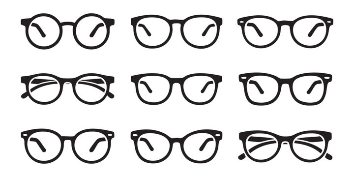 Set of black glasses frames collection isolated on transparent background for optometry eye charts.