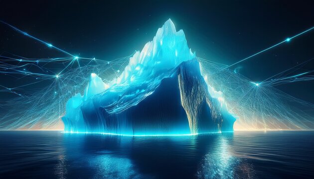 iceberg with a glowing digital network beneath the surface symbolizing hidden data artificial intelligence cybersecurity deep insights and unseen technological infrastructure