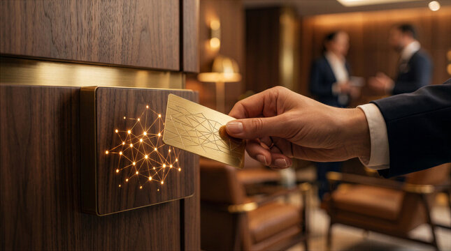 Person holds golden keycard to activate door system in upscale hotel room. Modern wooden paneling and warm lighting create inviting atmosphere. Concept of hospitality, luxury, real estate