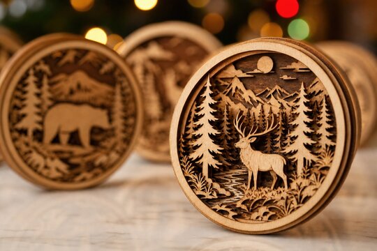 Intricate laser cut wooden ornaments featuring detailed forest scenes with a deer and a bear surrounded by pine trees and mountains