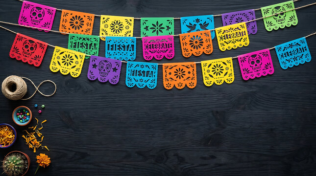 Fiesta bunting with skulls on dark wood surface