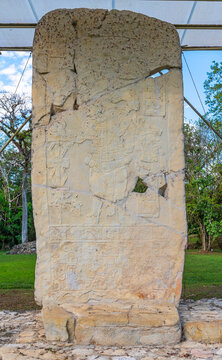 Mayan stela number 1 in Bonampark depicting an earth Monster and ruler Chaan Muan II, Chiapas, Mexico.