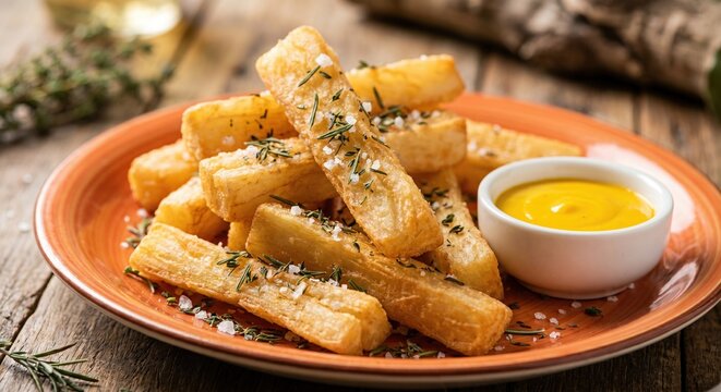 Crispy fried cassava sticks seasoned with sea salt and fresh rosemary served on an orange ceramic plate with a side of yellow mustard sauce