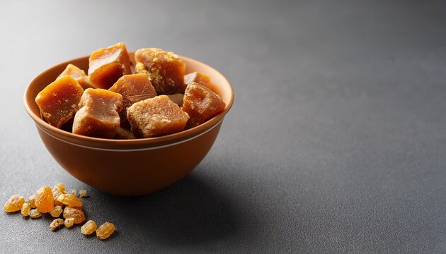 bowl of natural kithul jaggery and treacle sweeteners on gray surface with copy space for text