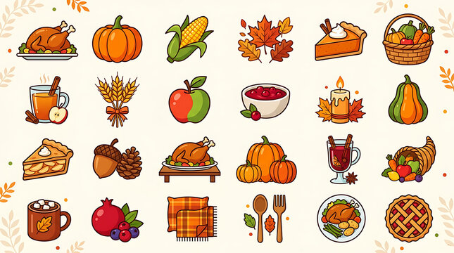 A vibrant collection of Thanksgiving and autumn-themed icons, featuring roasted turkey, pumpkin pie, corn, apples, cranberries, pumpkins, leaves, and festive drinks.