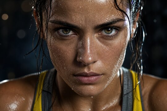 Close up portrait of a sweaty woman with a determined and intense expression during a high-intensity workout, showcasing strength, endurance, and athletic focus