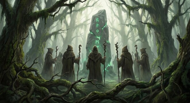 Mysterious hooded figures in robes gather around a glowing ancient runestone monolith deep within a dark enchanted forest during a secret ritual