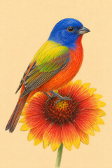 Fototapeta premium Colored pencil illustration of a Painted Bunting perched on an Indian Blanket wildflower